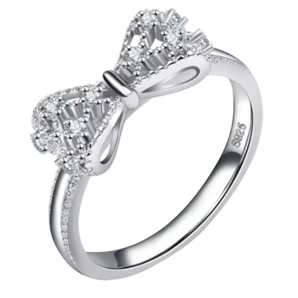 Bowknot 925 Sterling Silver Ring. Cubic Zirconia Rhinestone. Size 8.